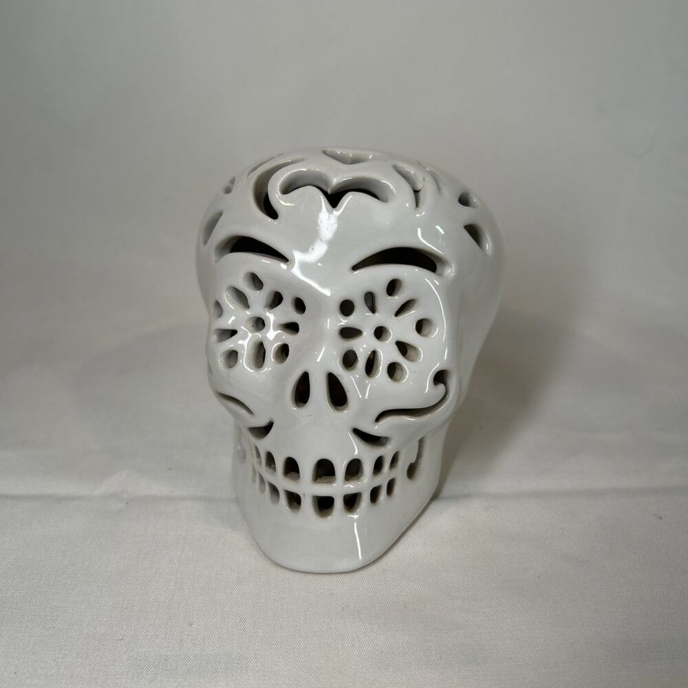 White Ceramic Sugar Skull Figurine 3.5β Handsome Decor Light up for Spooky Vibe